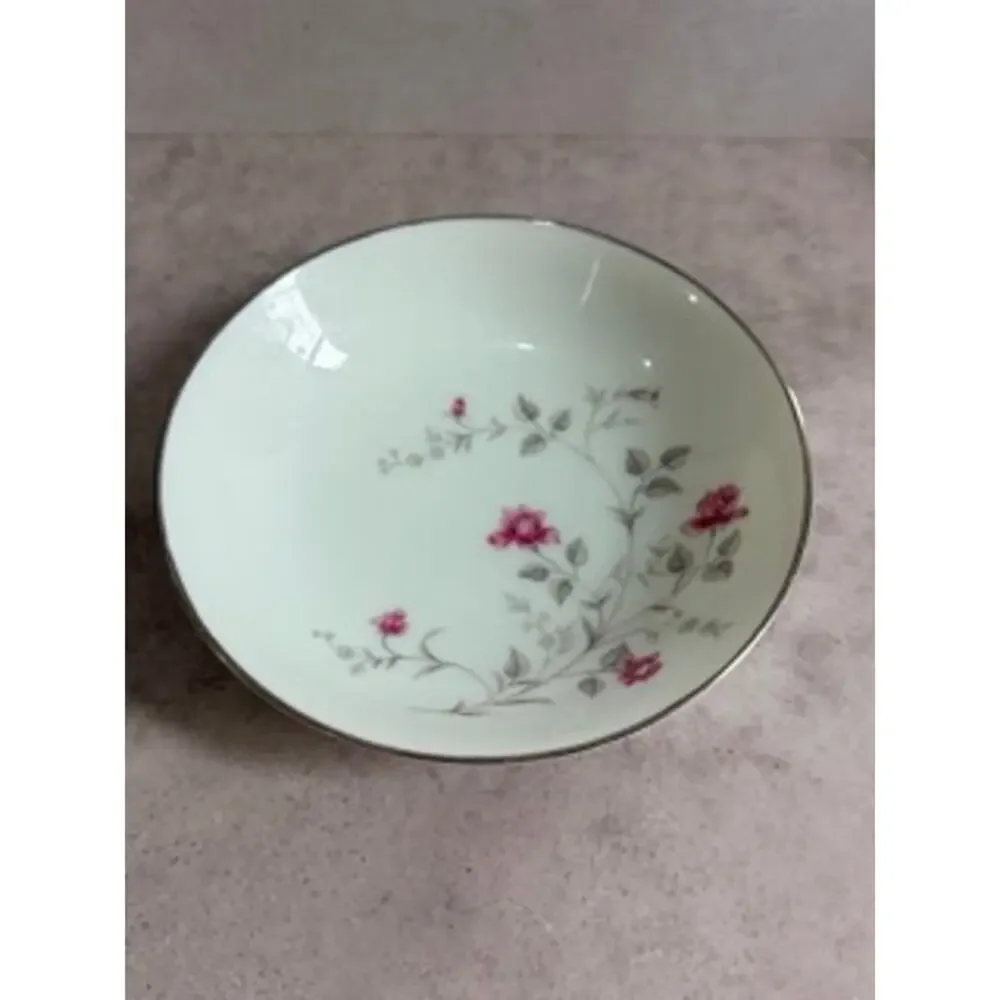 Vintage Canonsburg Floral Rose Bowl Silver Trim Pink Gray Flowers USA